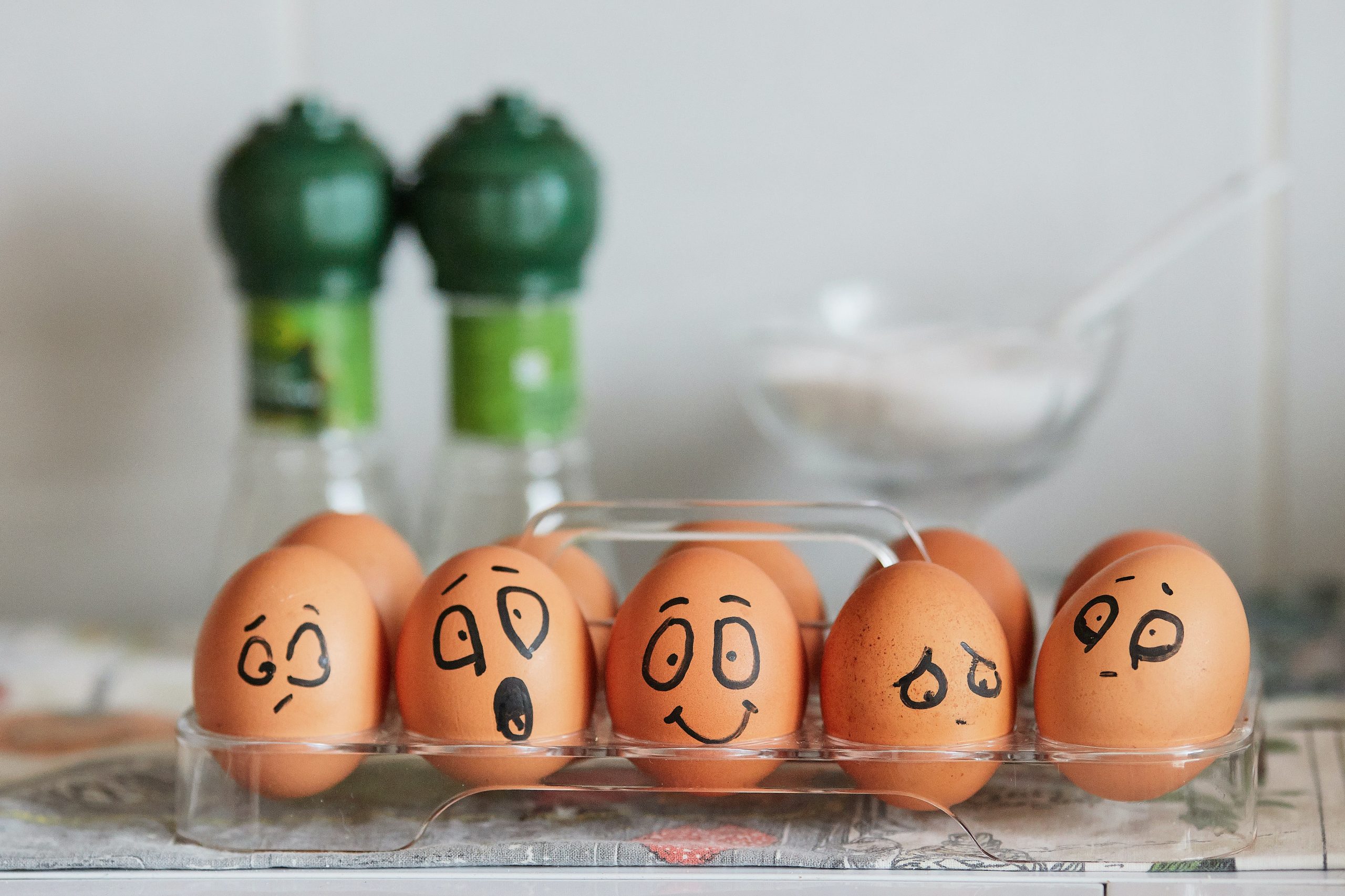 Eggs with faces drawn on them.